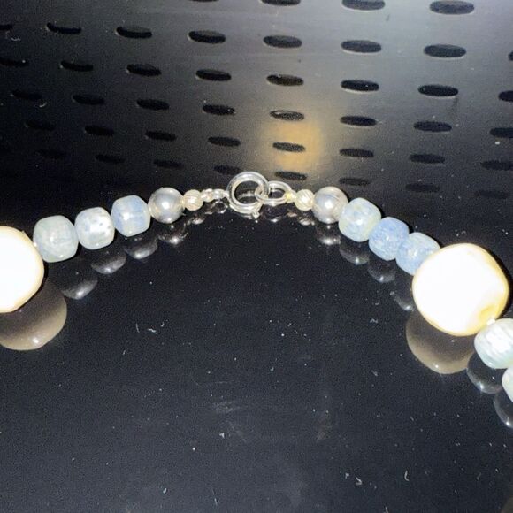 Handcrafted Chunky Ceramic Beaded Necklace – Blue & Cream Statement Jewelry - Picture 10 of 12